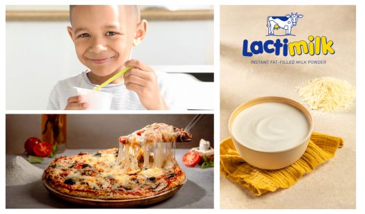 Lactimilk young boy eating yogurt pizza