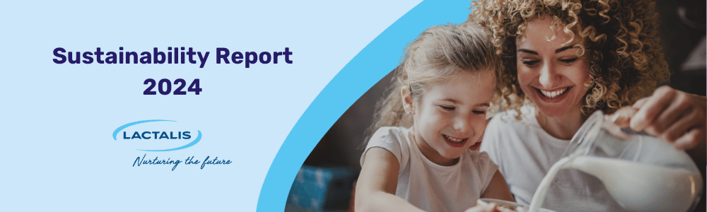 Cover of the Lactalis CSR Report showing a mother pouring milk in the glass of her daughter
