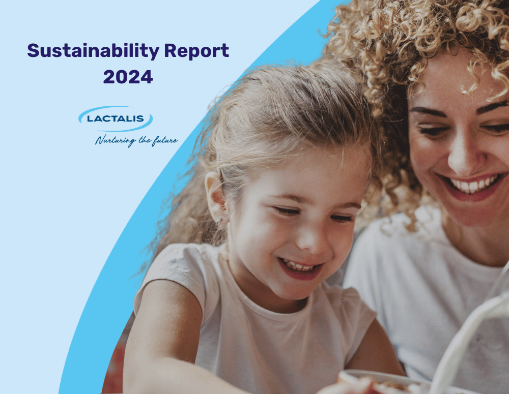 Cover of Lactalis CSR Report 2024 showing a mother pouring milk in the glass of her daughter